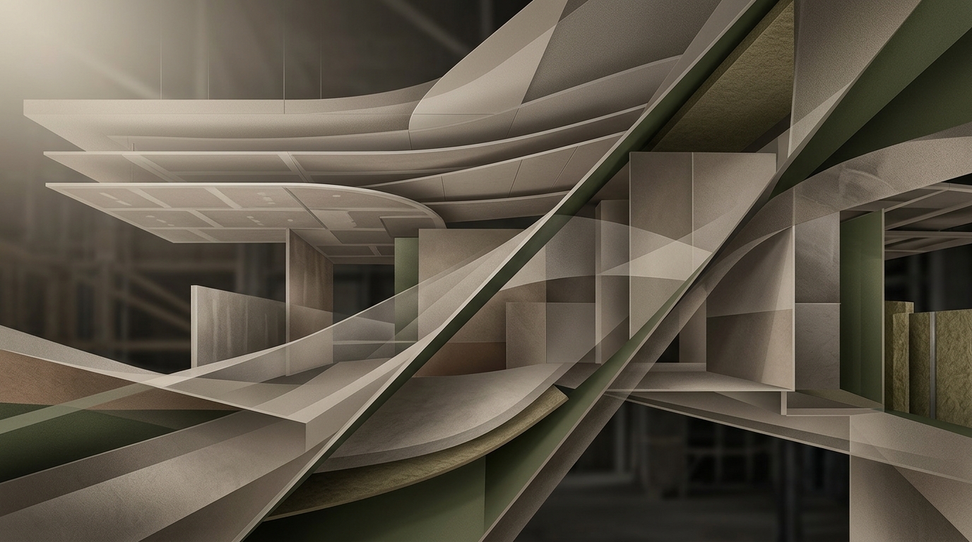 Abstrakte geometrische Formen in Grau- und Olivtönen als Sinnbild für Innenausbau